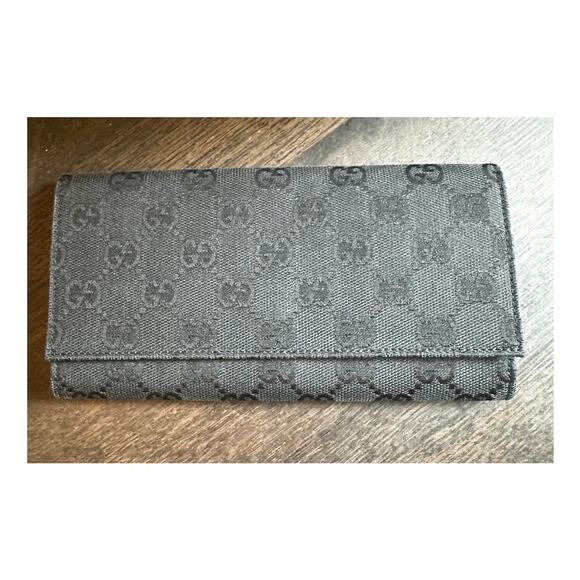 GUCCI BLACK GG CANVAS LONG WALLET W/SNAP CLOSURE - Picture 1 of 6